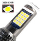Close-up of 3030 SMD LED chips on LED fog light bulb, silver body and black base