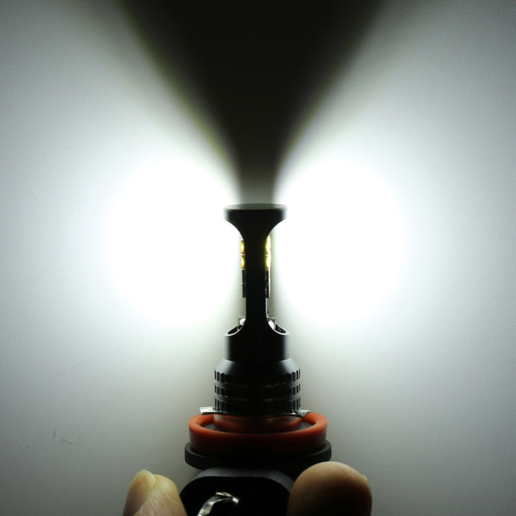Glowing LED fog light bulb shown with bright beam from the LED lens