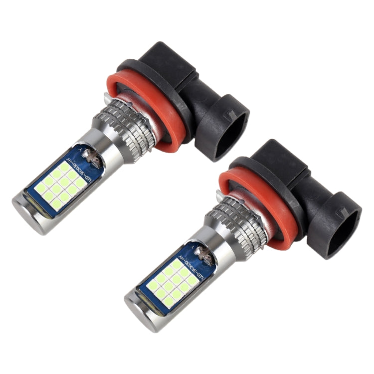 Pair LED car fog light bulbs close-up, black plastic body, orange-red ring, yellow SMD LEDs