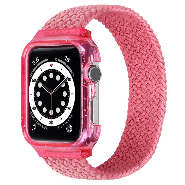 Braided replacement watch strap with frame, bright pink; Apple Watch dial facing