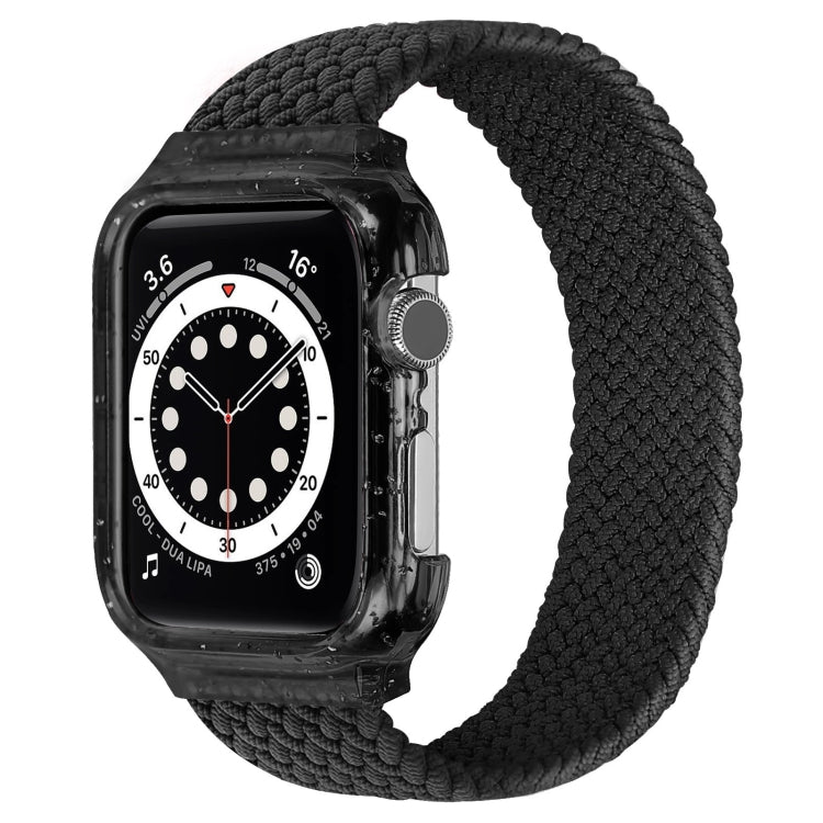 Braided replacement watch strap with frame, black; Apple Watch dial and crown visible