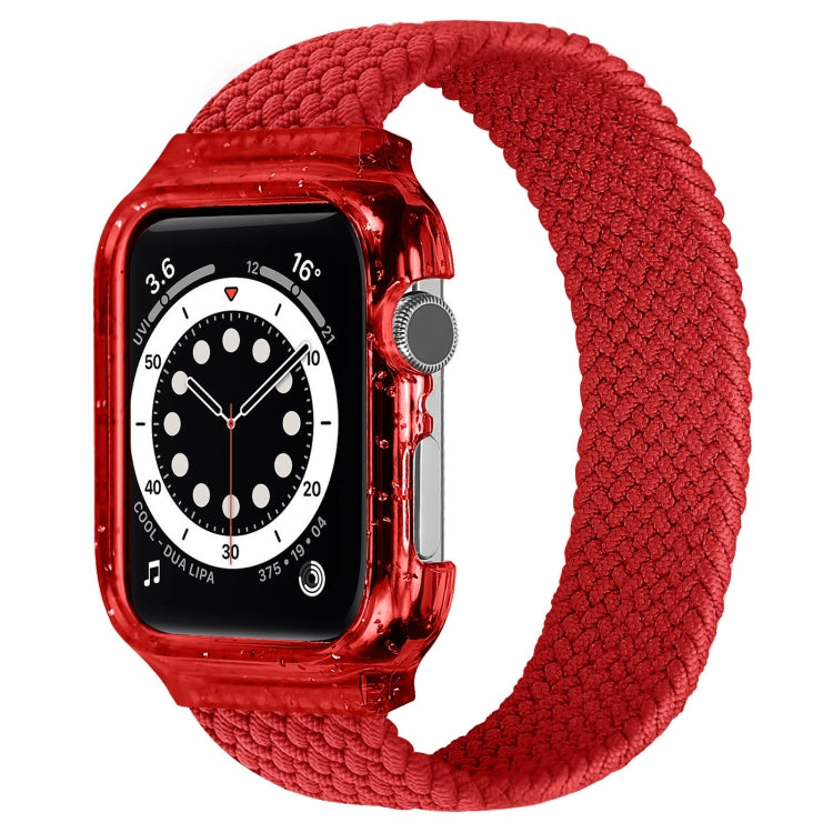 Braided replacement watch strap with frame, red; Apple Watch dial and side button visible