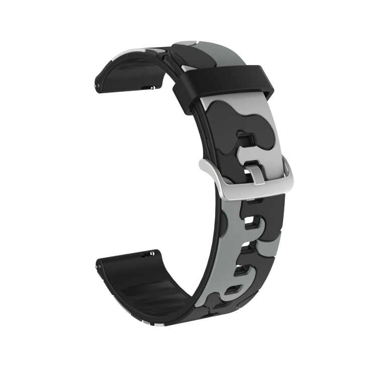 Camouflage silicone watch strap with silver buckle, gray and black camo pattern