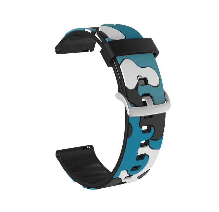 Camouflage silicone watch strap with silver buckle, blue and teal camo pattern