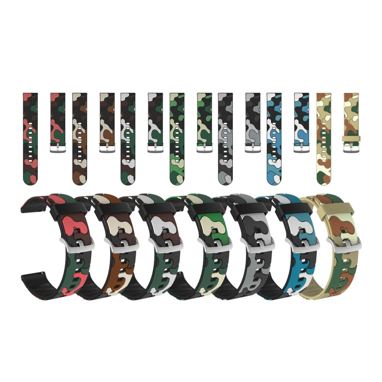 Camouflage silicone watch strap set with silver buckles, multiple camo colors.