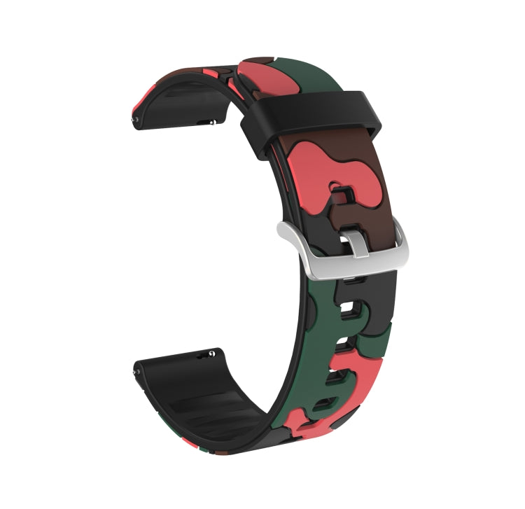Camouflage silicone watch strap with silver buckle, red and green accents, side view.