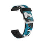 Camouflage silicone watch strap with silver buckle, teal and blue pattern.