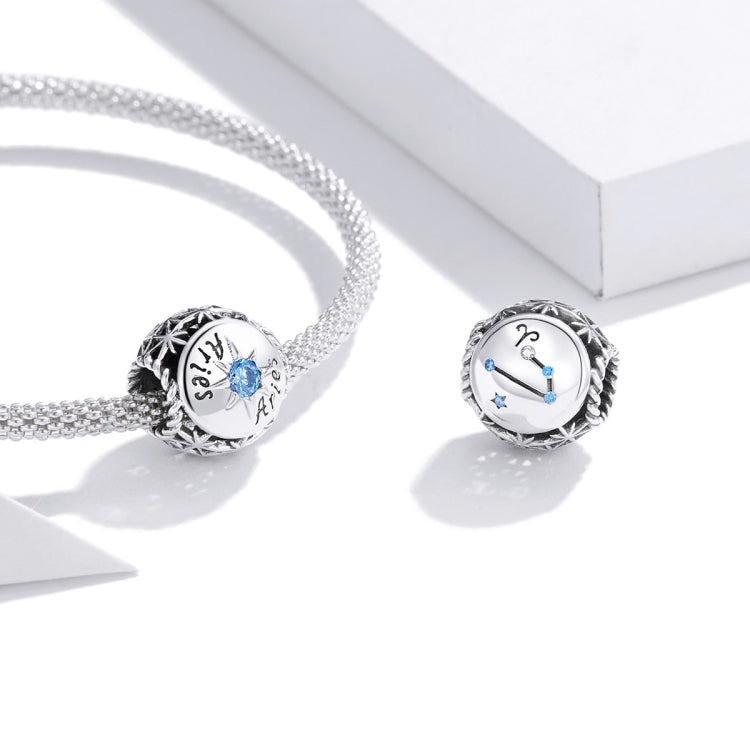 Sterling silver zodiac bead charms with chain, blue zircon face, engraved constellation symbols
