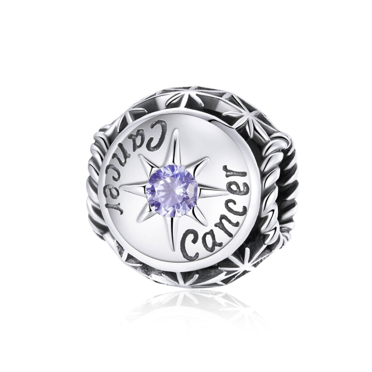 Sterling silver zodiac ring with purple zircon center, starburst bezel, engraved zodiac script
