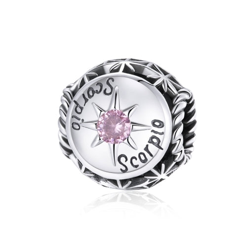 Sterling silver zodiac charm bead with pink crystal and engraved Scorpio text
