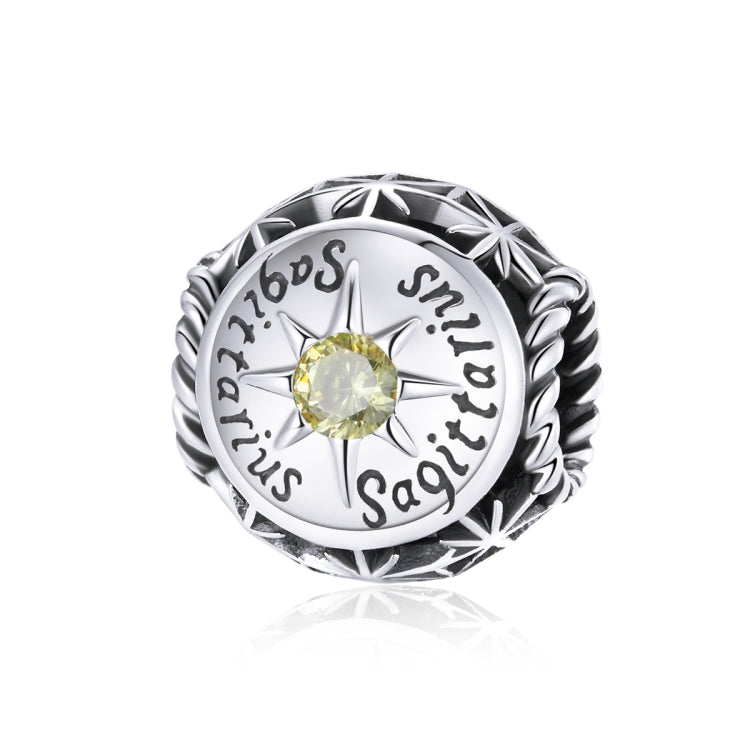 Sterling silver zodiac charm bead with yellow crystal and engraved Sagittarius text