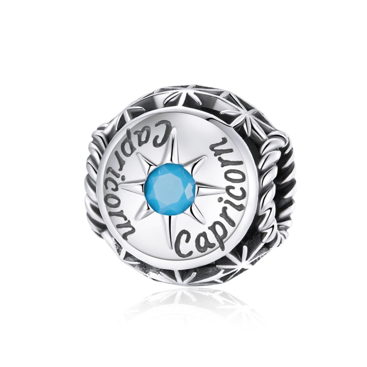 Sterling silver zodiac charm bead with blue crystal and engraved Capricorn text