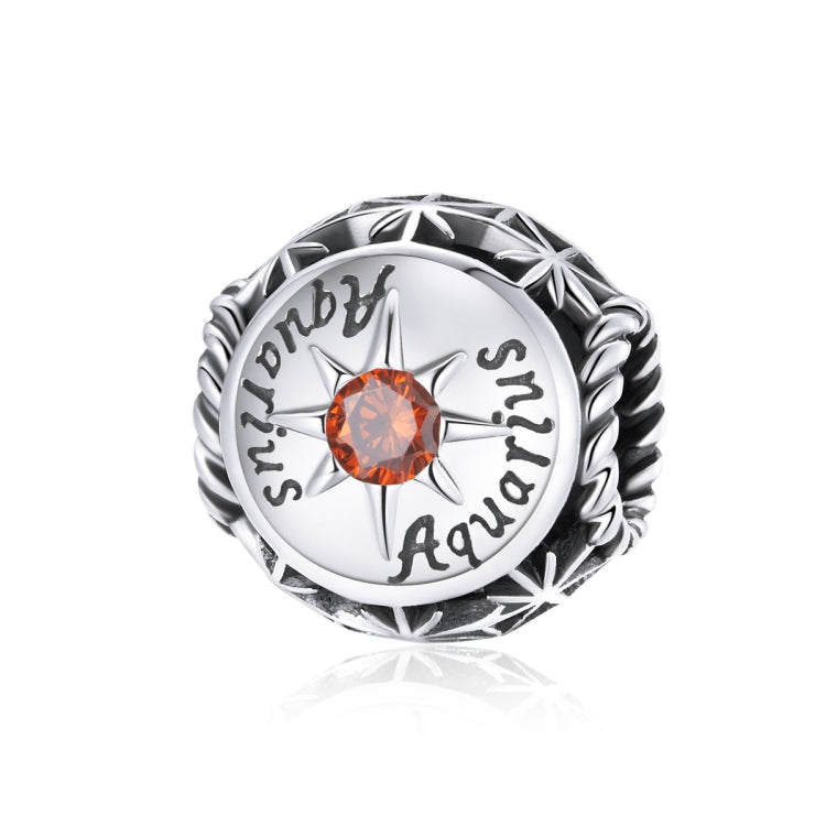 Sterling silver zodiac charm bead with orange crystal and engraved Aquarius text