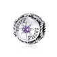 Sterling silver zodiac charm bead with purple crystal and engraved Pisces text