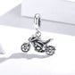 Silver motorcycle charm pendant with oval bail, detailed bike and chain links