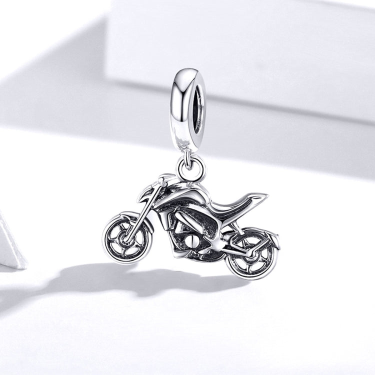 Silver motorcycle charm pendant with oval bail, detailed bike and chain links