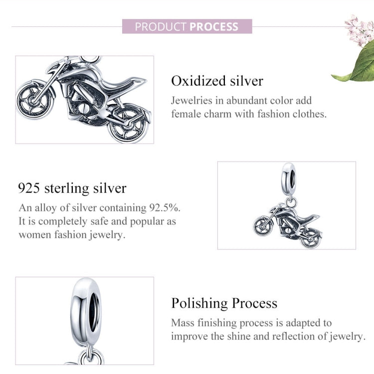 Motorcycle charm pendant with oval bail, oxidized silver look with polished highlights