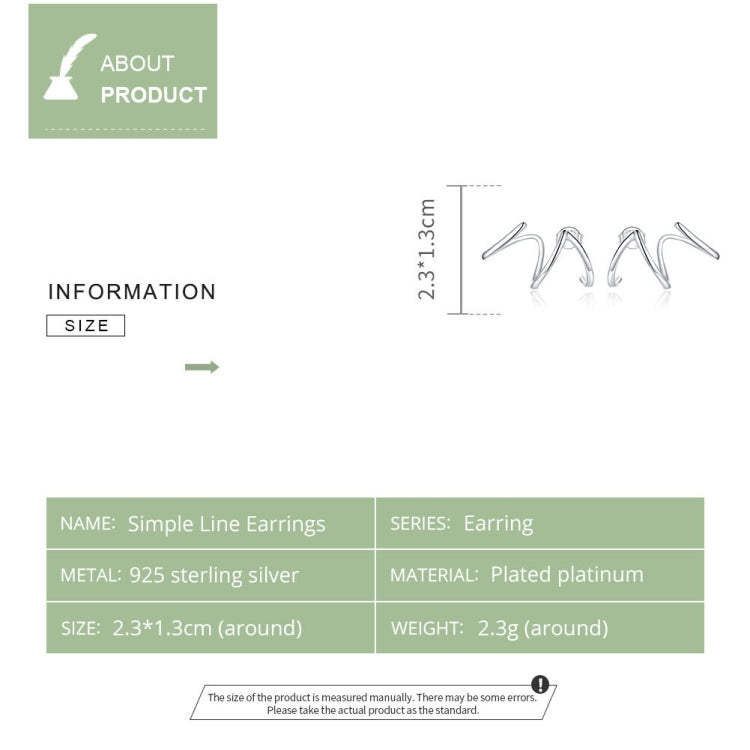 Sterling silver line earrings shown with size diagram, 2.3x1.3 cm