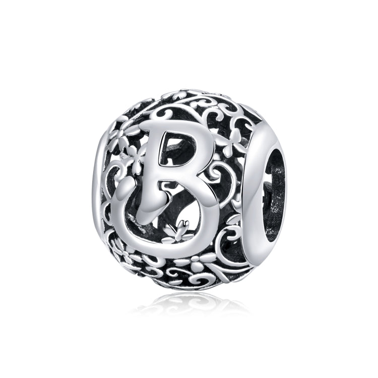 Sterling silver letter charm bead with ornate cutout B and vine scrollwork