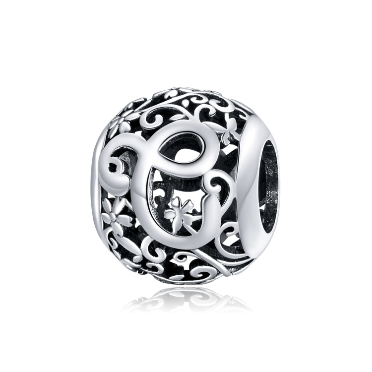 Sterling silver letter charm bead with ornate cutout O and swirling floral details