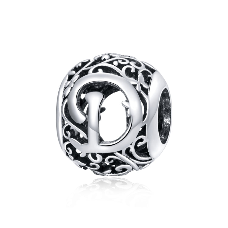 Sterling silver letter charm bead with ornate cutout D and filigree vine patterns