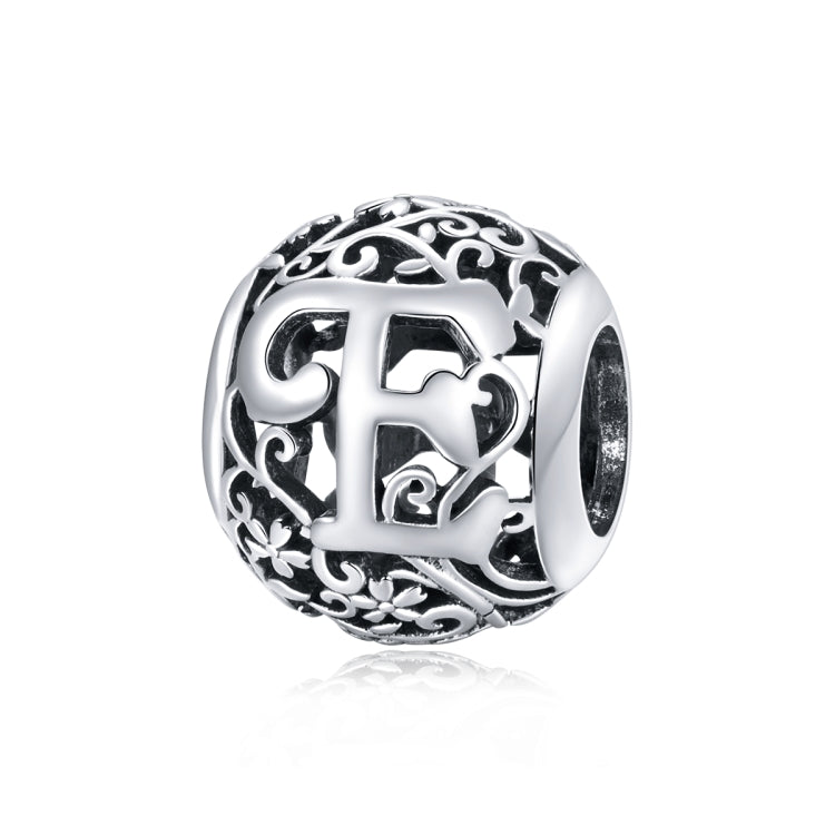 Sterling silver letter charm bead with ornate cutout E and curled floral scrollwork