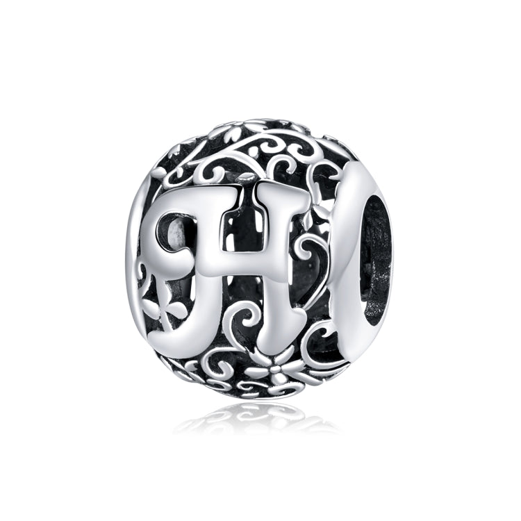 Sterling silver letter charm bead with ornate cutout H and vine-and-floral filigree