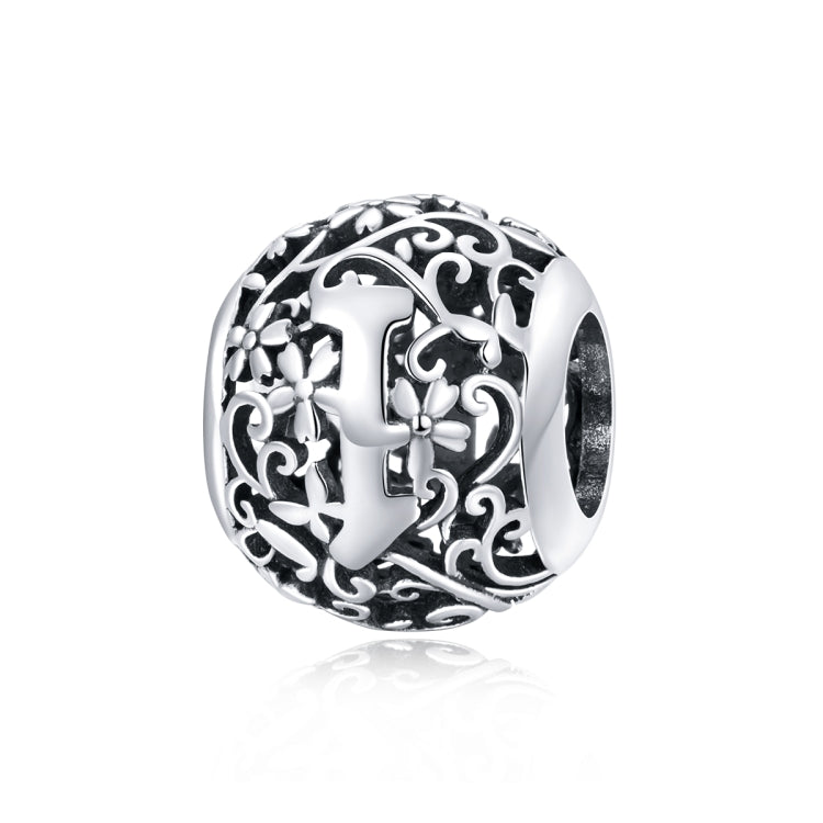 Sterling silver letter charm bead with ornate cutout letter and floral vine filigree