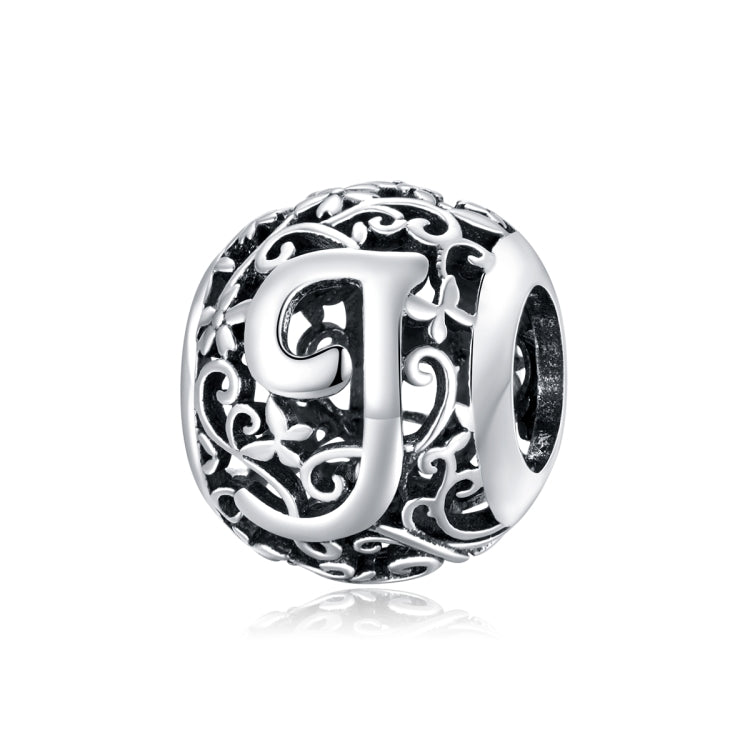 Sterling silver letter charm bead with ornate cutout J and scrolling filigree