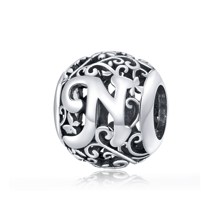 S925 sterling silver letter bead with hollow “N” motif and ornate filigree detailing