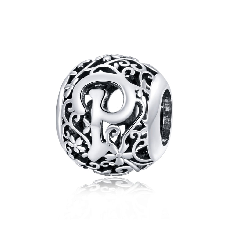 S925 sterling silver letter bead with hollow “P” motif and ornate filigree detailing