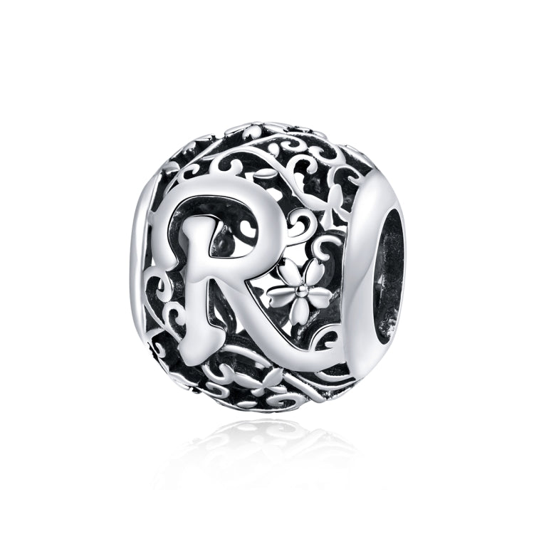 S925 sterling silver letter bead with hollow “R” motif and ornate filigree detailing