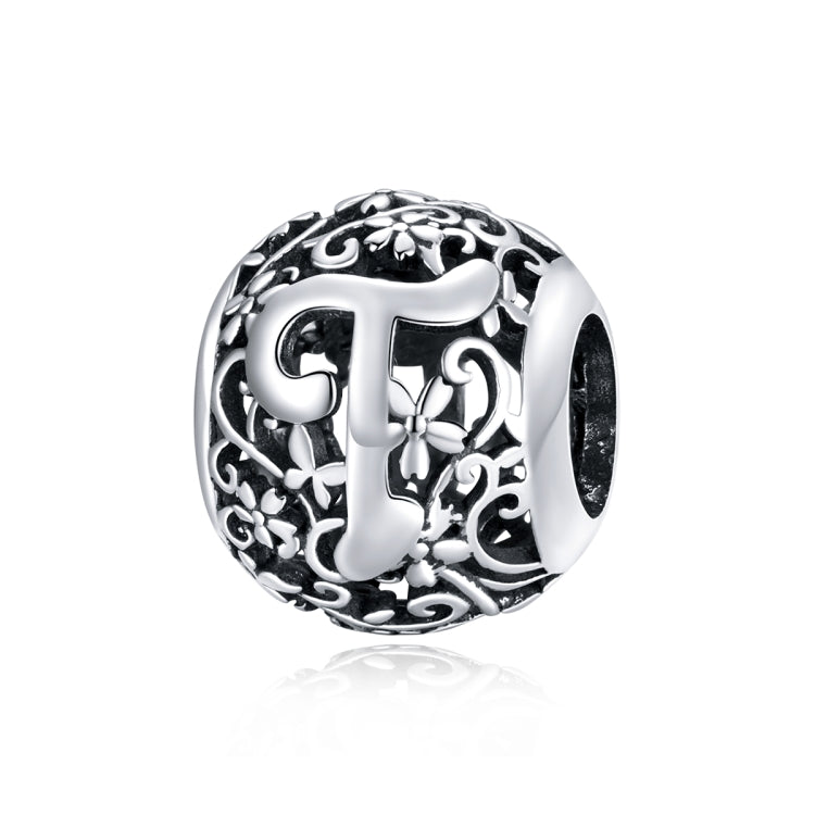 S925 sterling silver letter bead with hollow “T” motif and ornate filigree detailing