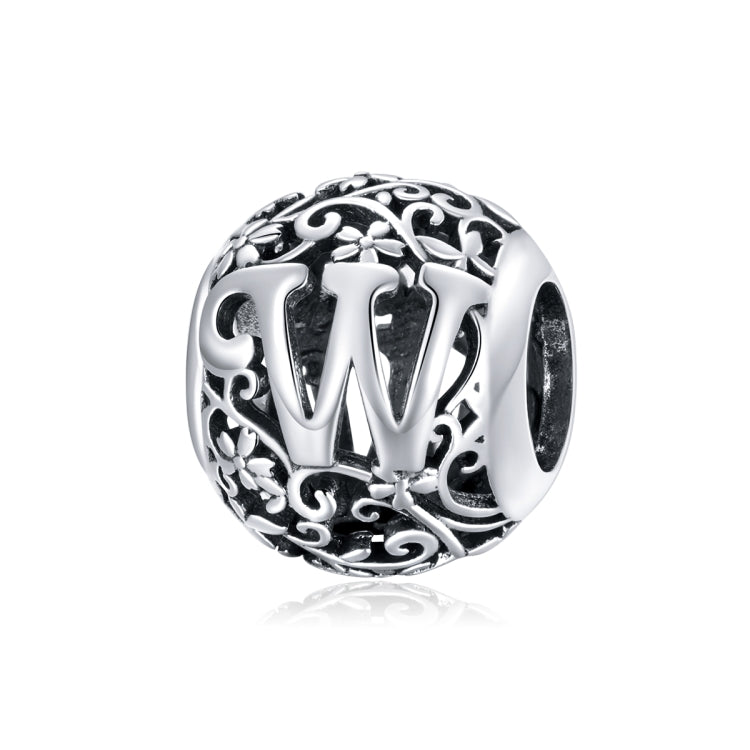 S925 sterling silver letter bead with hollow “W” motif and ornate filigree detailing