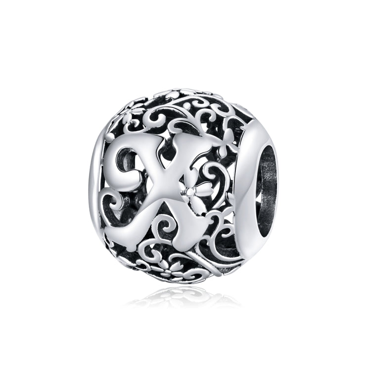 Sterling silver hollow letter bead charm with ornate cutout design, letter appears 'X'
