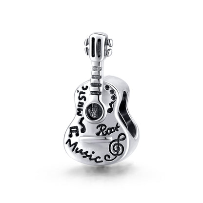 Oxidized sterling silver guitar charm bead with music and rock engravings