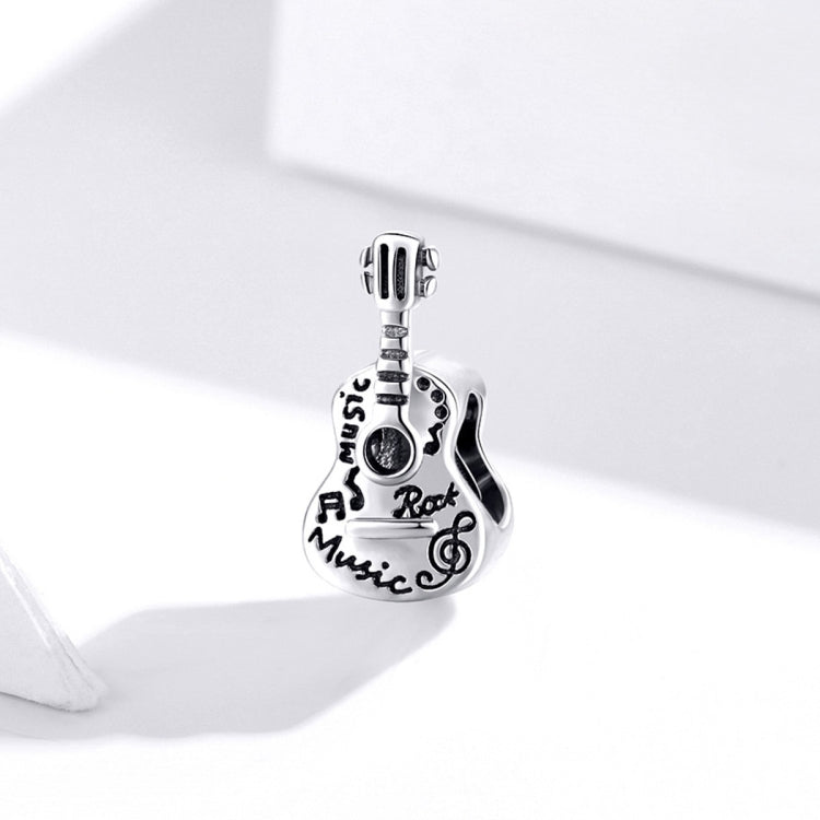 Oxidized sterling silver guitar-shaped charm bead with music and rock engravings