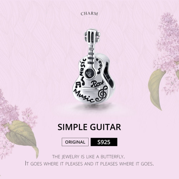 Sterling silver guitar charm bead with music-note and rock script engraving