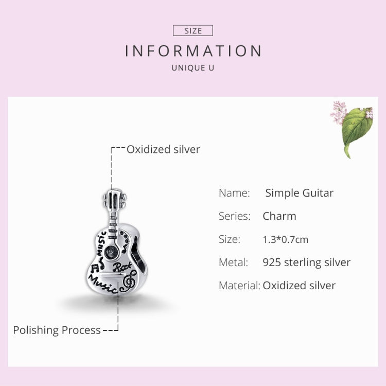 Oxidized sterling silver guitar charm bead with engraved music and rock details