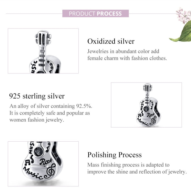 Oxidized sterling silver guitar charm bead with music and rock engraving
