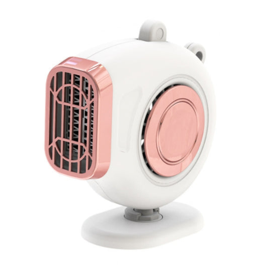 Portable car dashboard heater fan with white housing and pink front grille and circular heat window