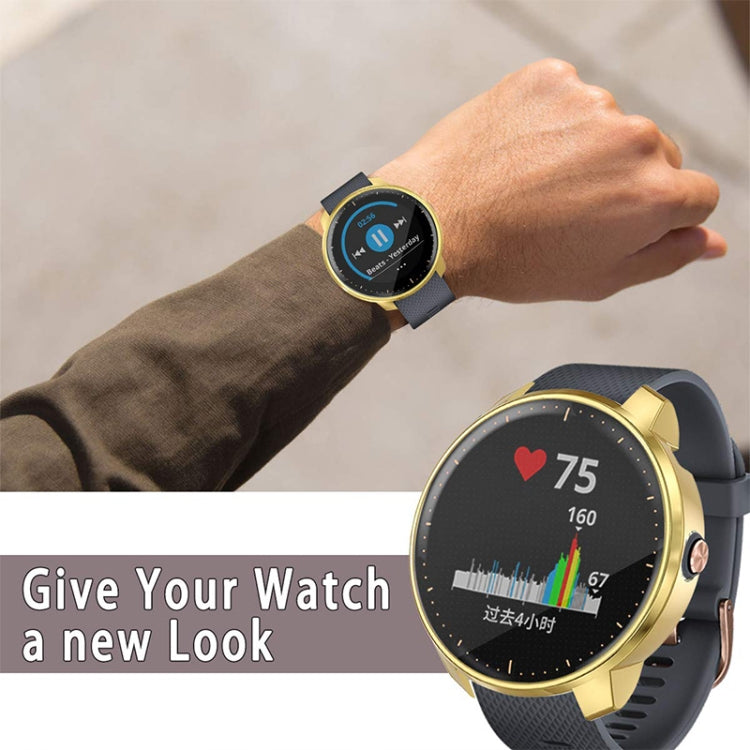 Gold TPU protective case for Garmin Vivoactive 3 Music, on wrist with dark band