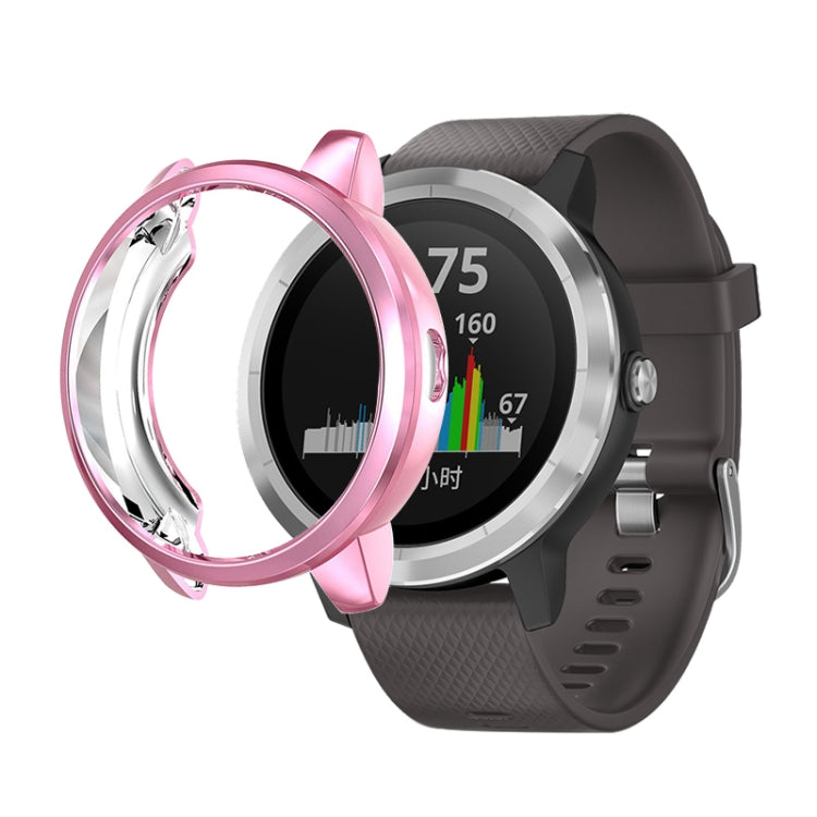 Pink TPU protective watch case with raised bezel, open frame over watch face