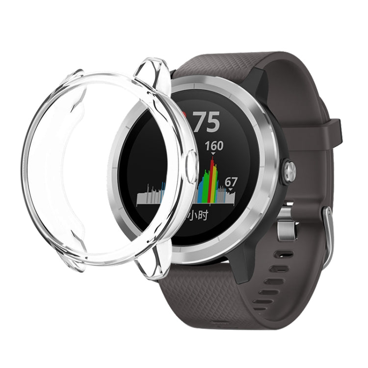 Transparent TPU protective case for round Garmin smartwatch, with raised bezel and strap cutouts
