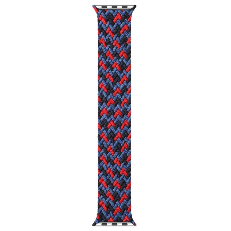 Blue and red zigzag woven nylon watchband with silver metal connector ends