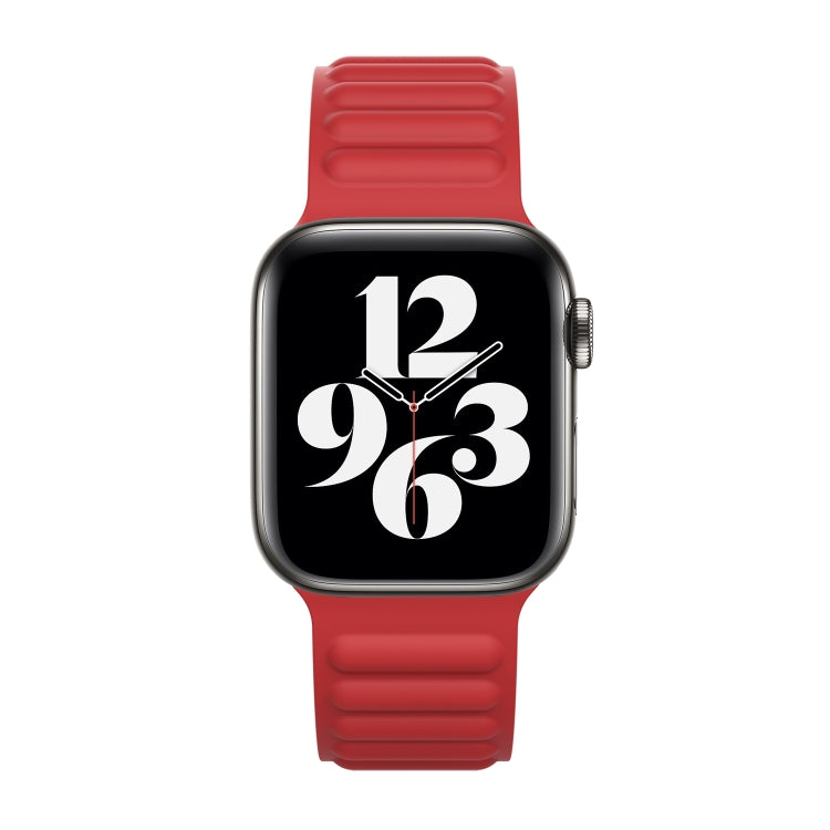 Apple Watch with red silicone magnetic chain watch band and square face