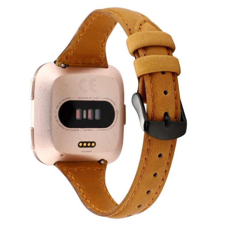 Genuine leather Fitbit Versa strap in light brown with adjustable buckle and stitching