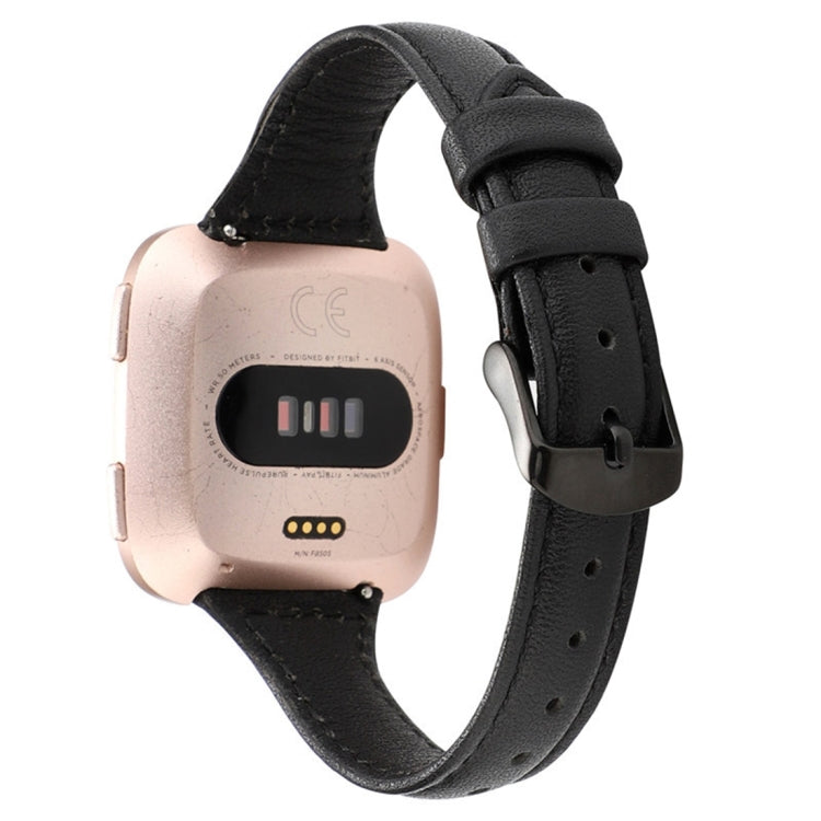 Genuine leather Fitbit Versa strap in black with adjustable buckle and stitched edges