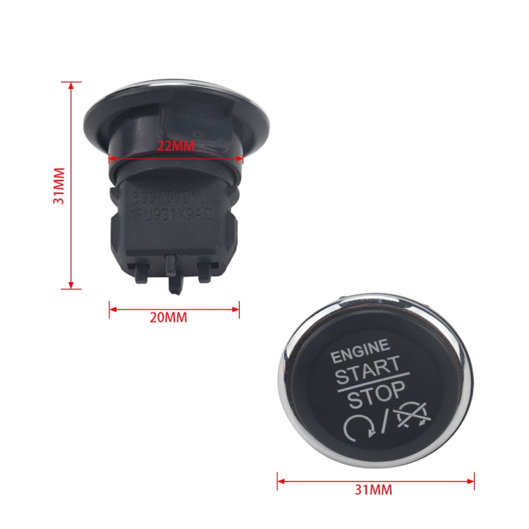 Engine start/stop push button switch size diagram: 22mm height, 20mm depth, 31mm width