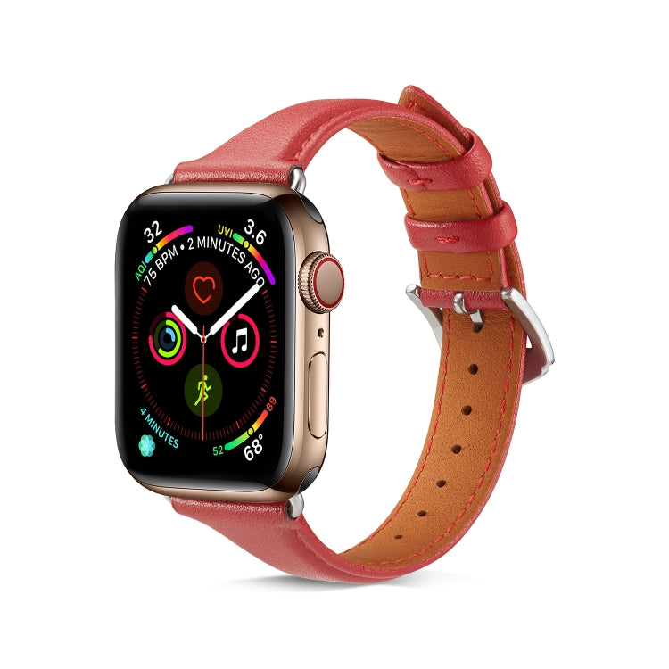 Genuine leather watch band, red strap with metal buckle and stitched edge